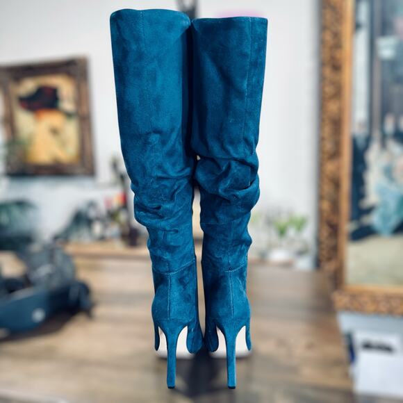JustFab Reza Teal Blue Faux Suede Slouch Knee-High Stiletto Boots Sz 7 - Picture 2 of 8